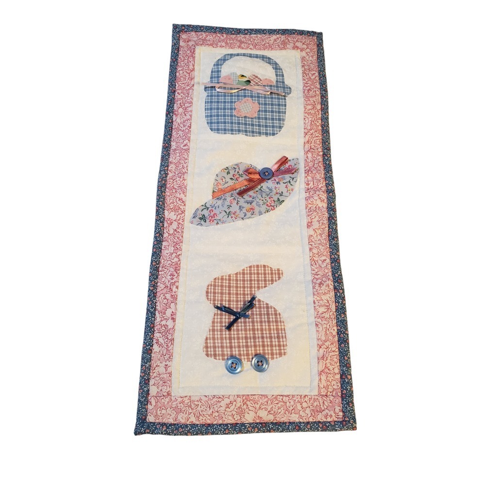 Vintage Handmade Quilted Easter Wall Hanging Multicolor Bunny Hat Basket